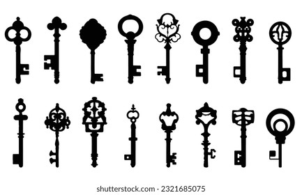 antique skeleton keys. Old Keys, Silhouettes Set, Vector illustration