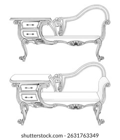 Antique Sofa With Two Drawers And Table Vector 33. Illustration Of Sofa Bed Isolated On White Background.