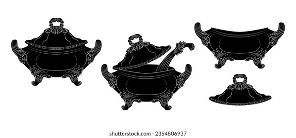 Antique soup tureen. Isolated silhouettes of objects on a white background. Vector illustration. 