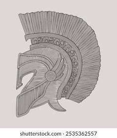 Antique spartan warrior helmet. Vintage engraving drawing style illustration