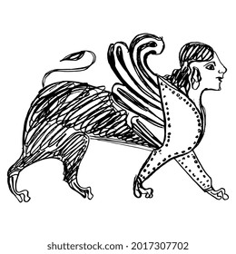 Antique sphinx. Fantastic winged lion with female head. Ancient Greek mythology. Vase painting style. Hand drawn linear doodle rough sketch. Black silhouette on white background.