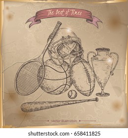 Antique sport gear hand drawn sketch placed on old paper background. Vintage collection. Great for school, education, sport, retro design.