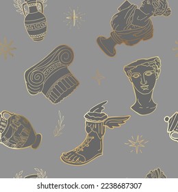 Antique statue column, amphora hand drawn seamless pattern. Mythical, ancient greek style, golden line vector