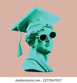 Estatua antigua con gorra de graduación en la cabeza. Concepto de diseño de póster de graduación feliz o de plantilla de tarjeta. Ilustración vectorial plana