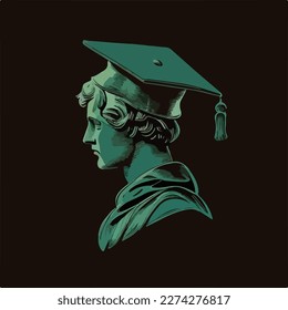 Antique statue with graduation cap on the head. Concept for happy graduation poster or card template design. Flat vector illustration