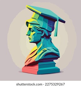 Estatua antigua con gorra de graduación en la cabeza. Concepto de diseño de póster de graduación feliz o de plantilla de tarjeta. Ilustración vectorial plana