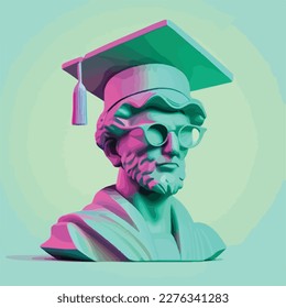 Antique statue with graduation cap on the head. Concept for happy graduation poster or card template design. Flat vector illustration