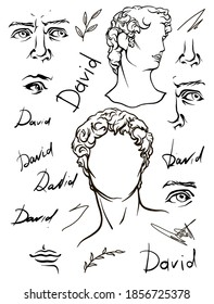 Antique statue head illustration. Work of art of the era of excitement. Hand drawing illustration of David's head. Period of Renaissance. Sculpture of Michelangelo.