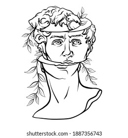 Antique statue head illustration. Work of art of the era of excitement. Hand drawing illustration of David's head. Period of Renaissance. Sculpture of Michelangelo.