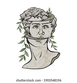 Antique statue head illustration. Work of art of the era of excitement. Hand drawing illustration of David's head. Period of Renaissance. Sculpture of Michelangelo.