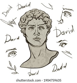 Antique statue head illustration. Work of art of the era of excitement. Hand drawing illustration of David's head. Period of Renaissance. Sculpture of Michelangelo.