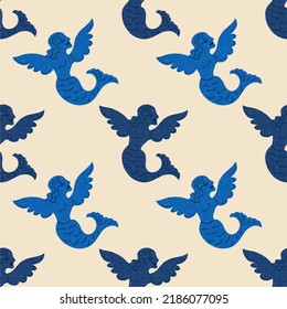 Antique statue of a mermaid with wings. Seamless pattern, printable print. Mythical, ancient Greek style. Hand drawn vector illustration, cartoon.