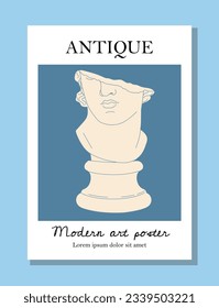 Antique statue poster concept. Greece and Rome. Broken marble bust of young man. Modern art. Flyer and leaflet, booklet. Cartoon flat vector illustration isolated on blue background