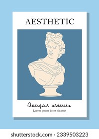 Antique statue poster concept. Greece and Rome. Marble bust of young man. Exhibition and museum. Poster or banner for website. Cartoon flat vector illustration isolated on blue background