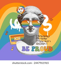 Antique statue wearing LGBT colors sunglasses with rainbow background, graffiti strokes, greeting text. Groovy Pride month greeting card. Vector illustration.