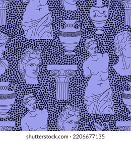 An antique statue of a woman, a bust of an ancient man, columns, amphoras. Mythical, ancient Greek style. Hand drawn fashion vector illustration. Square seamless pattern. Background, wallpaper, poster
