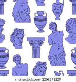 An antique statue of a woman, a bust of an ancient man, columns, amphoras. Mythical, ancient Greek style. Hand drawn fashion illustration. Square vector seamless pattern.