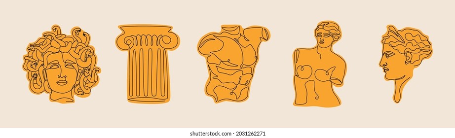 Antique statues. Ancient greek sculptures hand drawn one continuous line. David torso, goddess, medusa head. Vector art