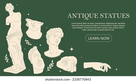 Pancarta de estatuas antiguas. Esculturas de mármol de personas y bustos. Exposición histórica en el museo. Creatividad y arte antiguos. Diseño de páginas. Dibujo vectorial plano de dibujos animados