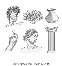 Antique statues, bust, pillar, amphora, column. Different objects. Mythical, ancient greek or roman style. Hand drawn sculpture illustration. Classic statues in modern style. Collage art elements