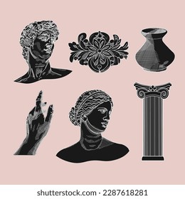 Antique statues, bust, pillar, amphora, column. Different objects. Mythical, ancient greek or roman style. Hand drawn sculpture illustration. Classic statues in modern style. Collage art elements