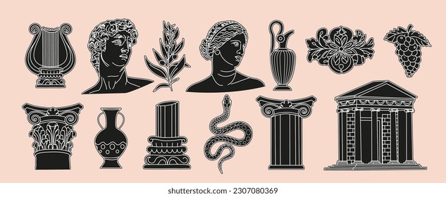 Antique statues, bust, pillar, amphora, column, grape, statues, olive branch, snake. Different objects. Mythical, ancient greek or roman style. Hand drawn sculpture illustration. Collage art elements