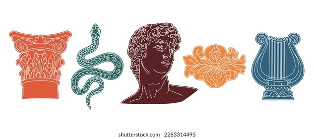 Antique statues, bust, pillar, harp, column, snake. Different objects. Mythical, ancient greek or roman style. Hand drawn sculpture illustration. Classic statues in modern style. Collage art elements