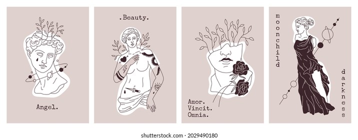 Antique statues cards. Greek gods sculptures. Retro elements combination in modern graphics style with plants or planets. Female figures and typewritten lettering. Vector banners set