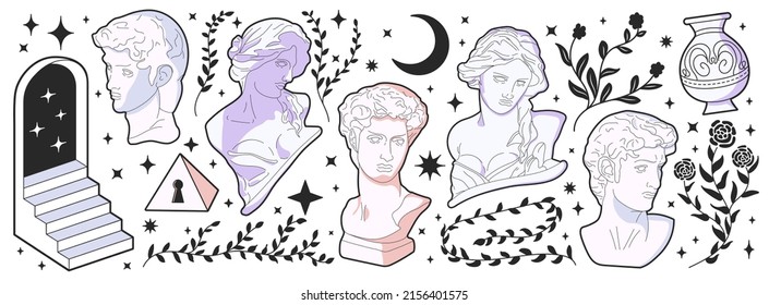 Antique statues. Colorful Greek elements, girls and men heads, figurine stickers, in trendy cartoon style. Collection of hand drawn mythical element