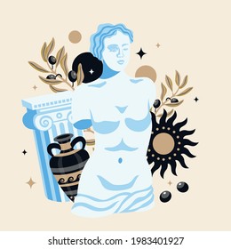 Antique statues composition with collage of images of venus sculpture ancient bowl pillar and laurel wreath vector illustration