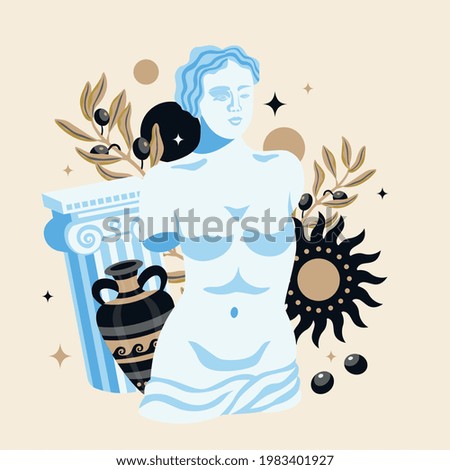 Antique statues composition with collage of images of venus sculpture ancient bowl pillar and laurel wreath vector illustration