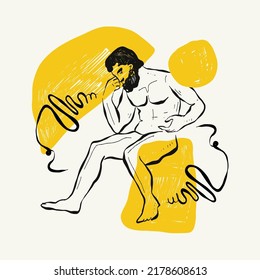 Antique statues illustration. Modern card, wall art. Yellow and Black shape. Line art.