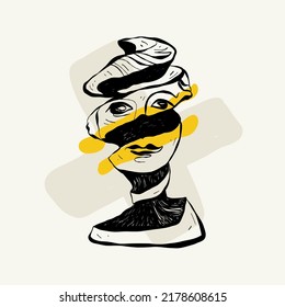 Antique statues illustration. Modern card, wall art. Yellow and Black shape. Line art.