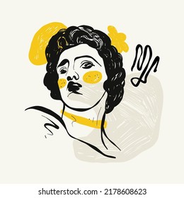 Antique statues illustration. Modern card, wall art. Yellow and Black shape. Line art.