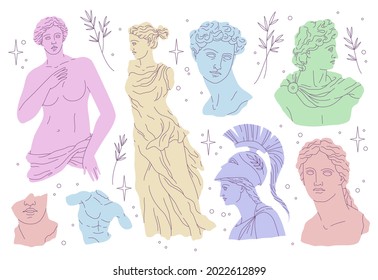 Antique statues. Modern draw style, beautiful historical greek sculptures, ancient art objects, heads, busts, marble monuments, different pastel colors. Decor elements vector isolated set