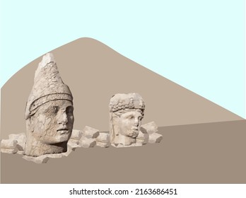 Antique statues on Nemrut Mountain (Nemrut Dagi) vector illustration. Empty or blank copy space for advertisement texts.