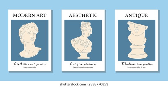 Antique statues posters set. Marble busts of men and women. Ancient creativity and art, culture of ancient Greece and Rome. Cartoon flat vector collection isolated on blue background