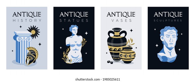 Antique statues set of four vertical posters with pieces of ancient monuments sculptures with editable text vector illustration