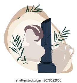 Antique statues vector stock illustration. marble obelisk. A woman's head.Mythical, ancient greek style. Roman ancient myth. History. Isolated on a white background.