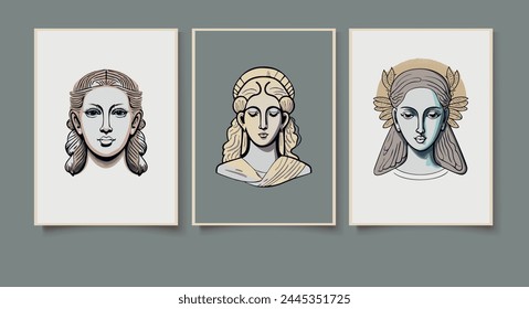Antique statues vertical posters template. Ancient greek female face portraits. Wall art, picture, painting. Vector illustration.