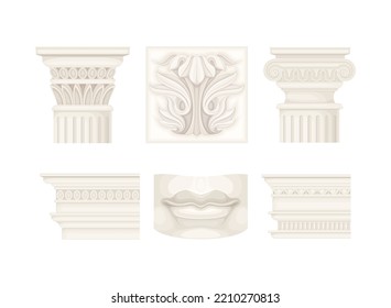 Antique Stone Column or Pillar and White Ceramic Element in Ionic Style and Ancient Ornament Vector Set