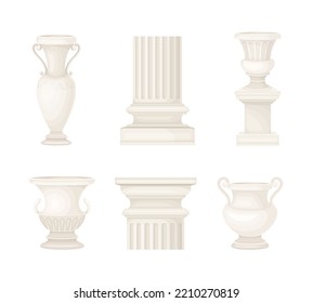 Antique Stone Column or Pillar and White Ceramic Vase in Ionic Style and Ancient Ornament Vector Set