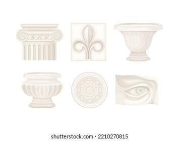 Antique Stone Column, White Ceramic Vase and Sculpture Part Vector Set