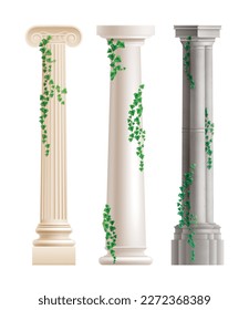 Antique stone columns with climbing green ivy realistic set isolated vector illustration
