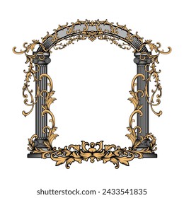 Antique stone greek arch, Portal, pillar, column architectural element with baroque, filigree, engraving, calligraphic ornament. Vintage frame vector illustration isolated on transparent background.