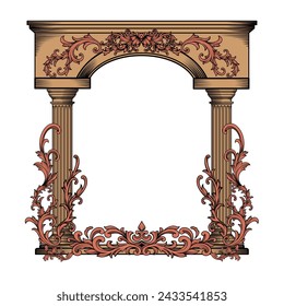 Antique stone greek arch, Portal, pillar, column architectural element with baroque, filigree, engraving, calligraphic ornament vector illustration isolated on transparent background.
