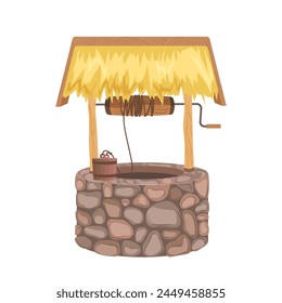 Antique stone water well with wooden bucket under straw roof isolated on white background