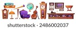 Antique store furniture and elements. Vintage used objects for flea market or pawn shop concept - floor clock and armchair, showcase with jewelry and cash desk, telescope and globe, lamp and suitcase.