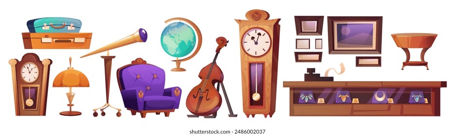 Antique store furniture and elements. Vintage used objects for flea market or pawn shop concept - floor clock and armchair, showcase with jewelry and cash desk, telescope and globe, lamp and suitcase.