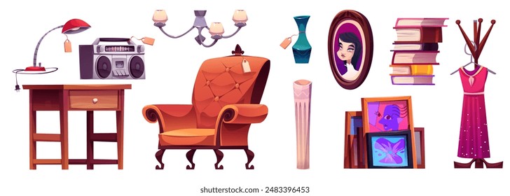 Antique store or garage sale market goods - old used furniture and equipment. Cartoon vector vintage rarity stuff - armchair and table, lamp and chandelier, audio recorder and paintings with price tag